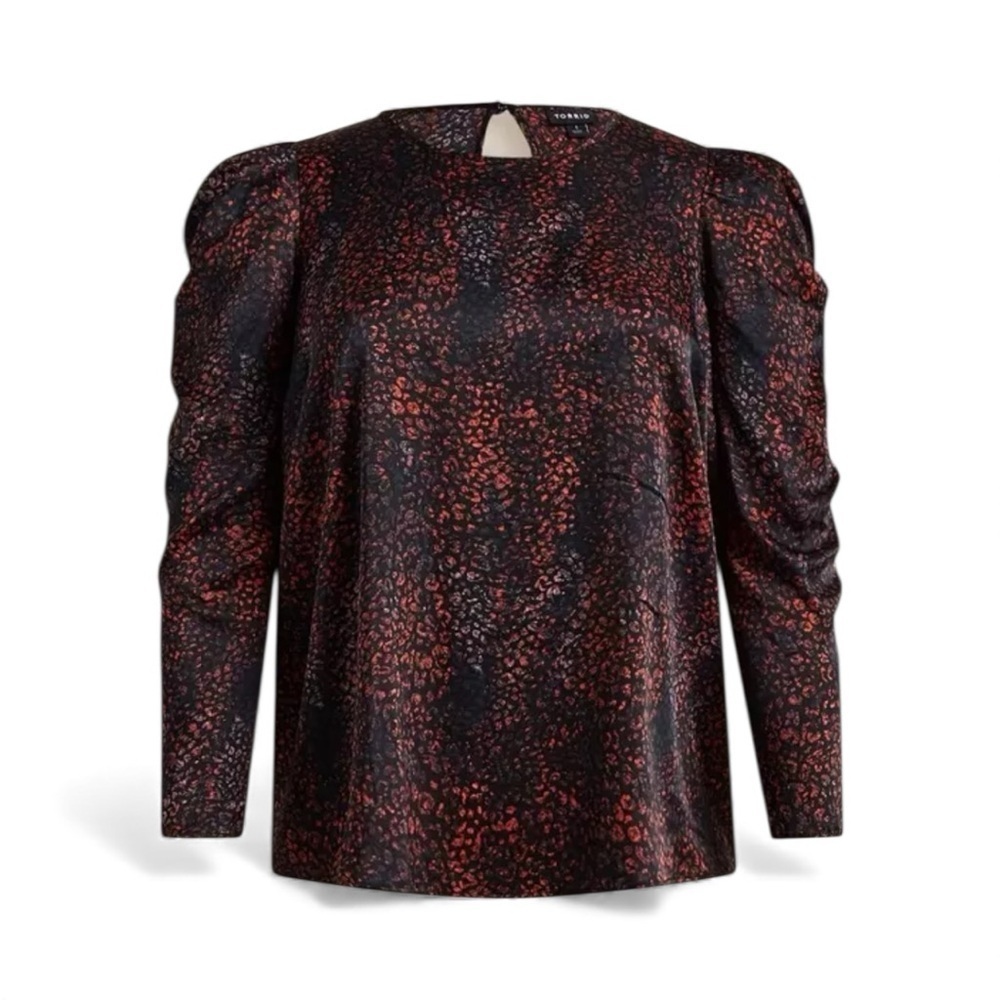 NWT Torrid Satin Puff Sleeve Top Black Red Print Blouse Size 12 (0) Night Out
